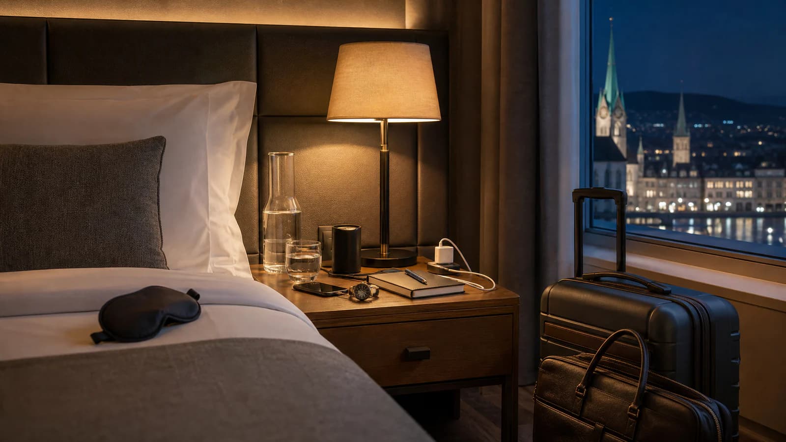 A hotel room with a bed, eye mask, lit bedside table, suitcase and handbag beside a window overlooking a city at night.