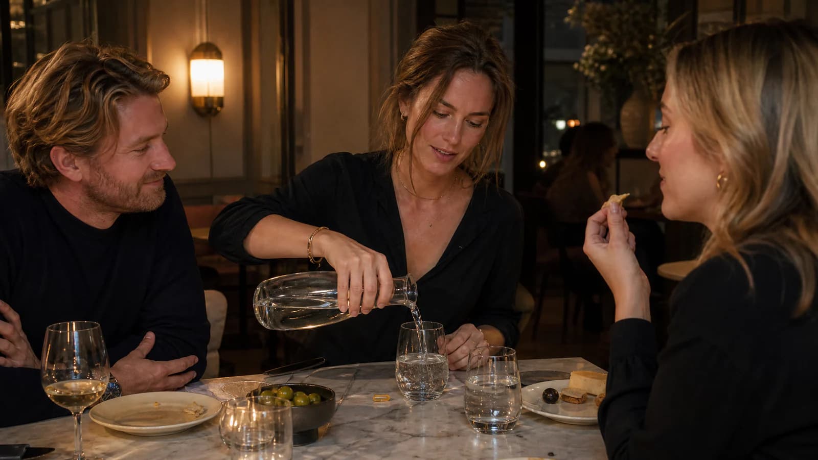 Three adults sit at a restaurant table as one woman pours water from a glass carafe and another eats while a man looks on.