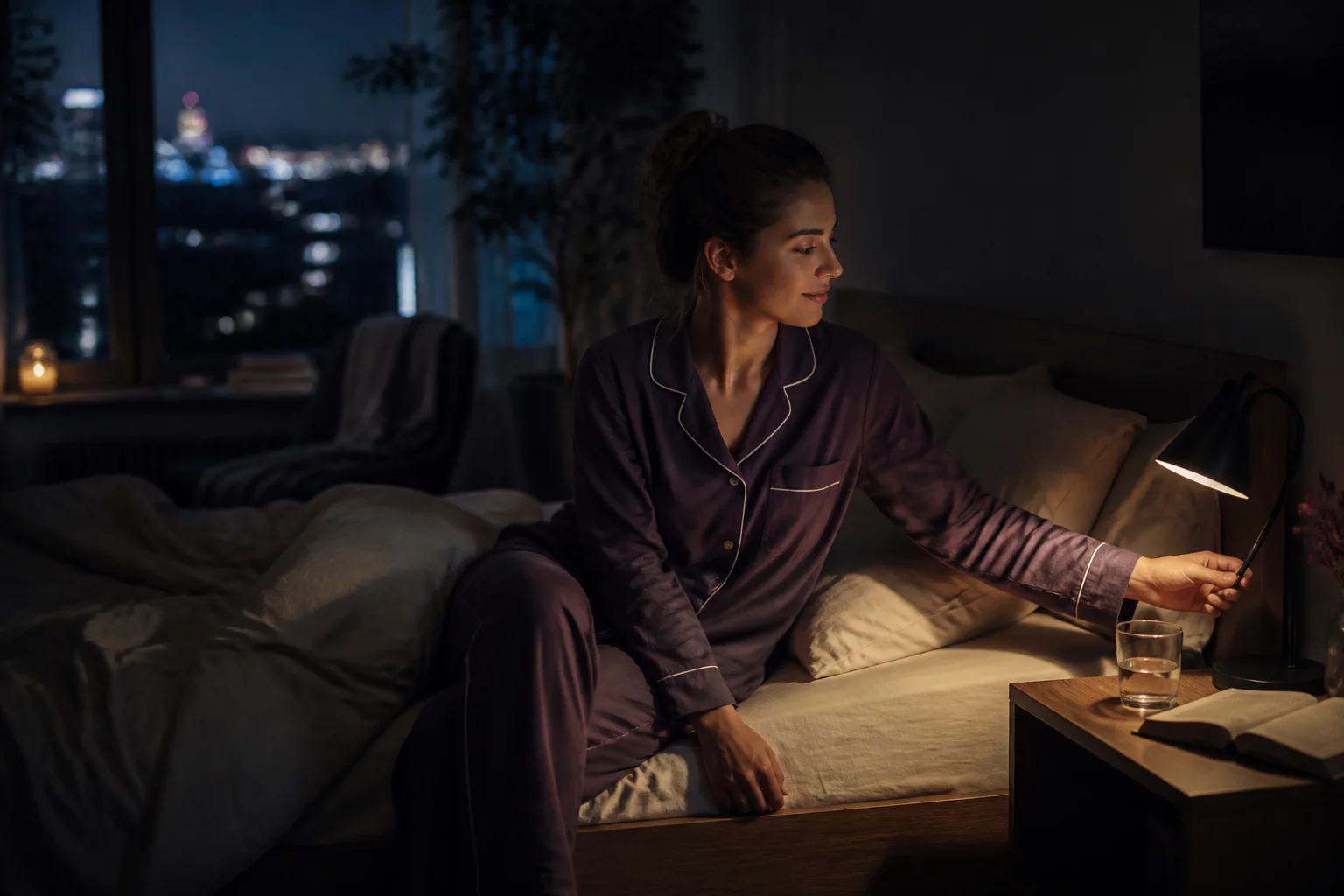 Adult switching off a bedside lamp during a calm evening routine