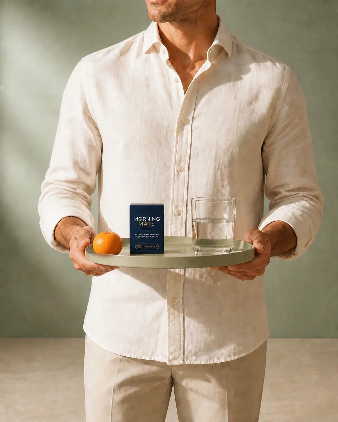 Adult host holding a tray with a Morning Mate pack and a glass of water